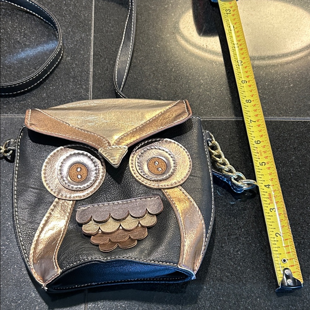Owl Purse Messenger Handbag Black & Brown gold Embellished Adjustable Strap